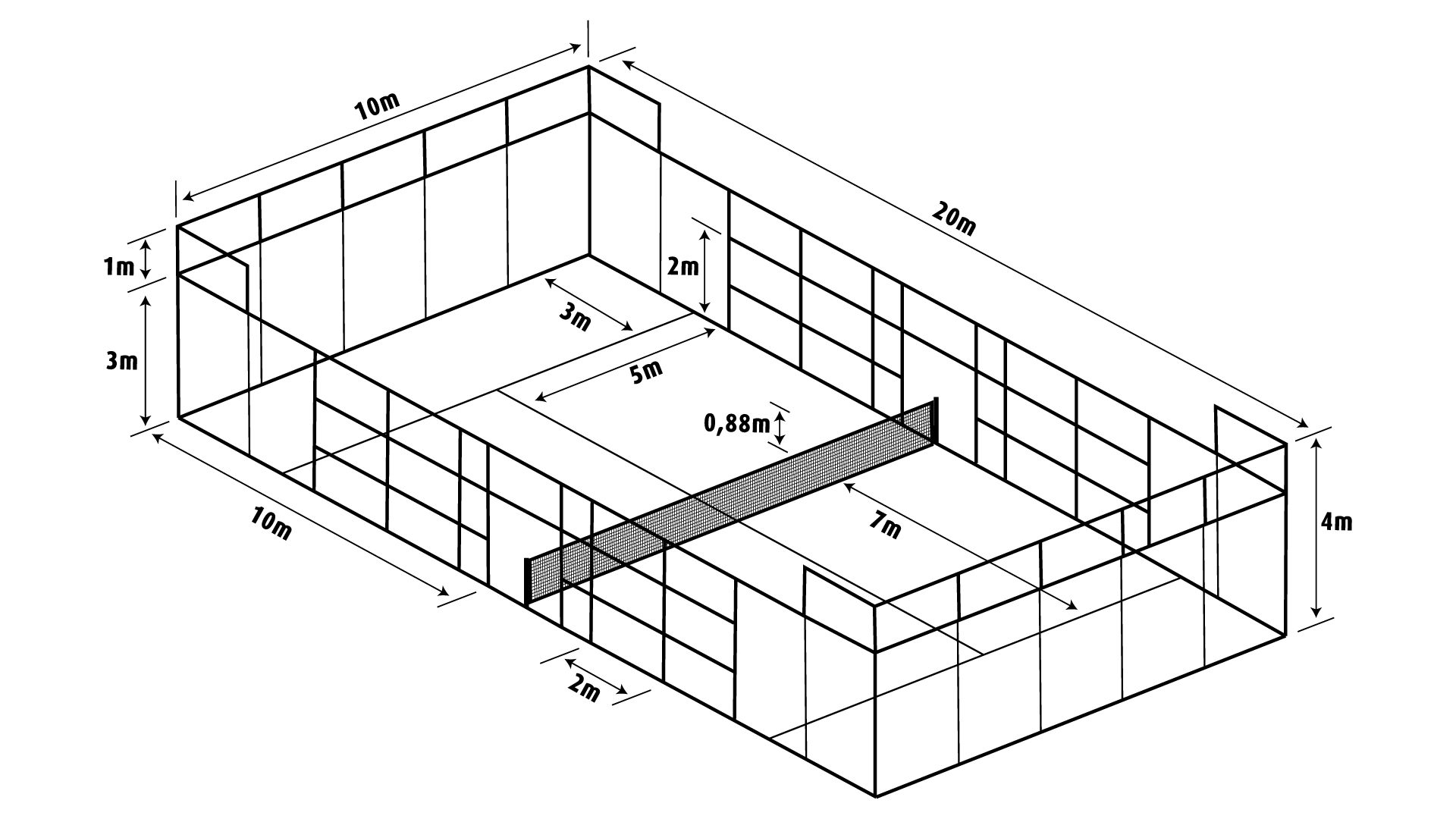 Schéma vue de dessus d'un terrain de padel avec dimensions et zones légendées
